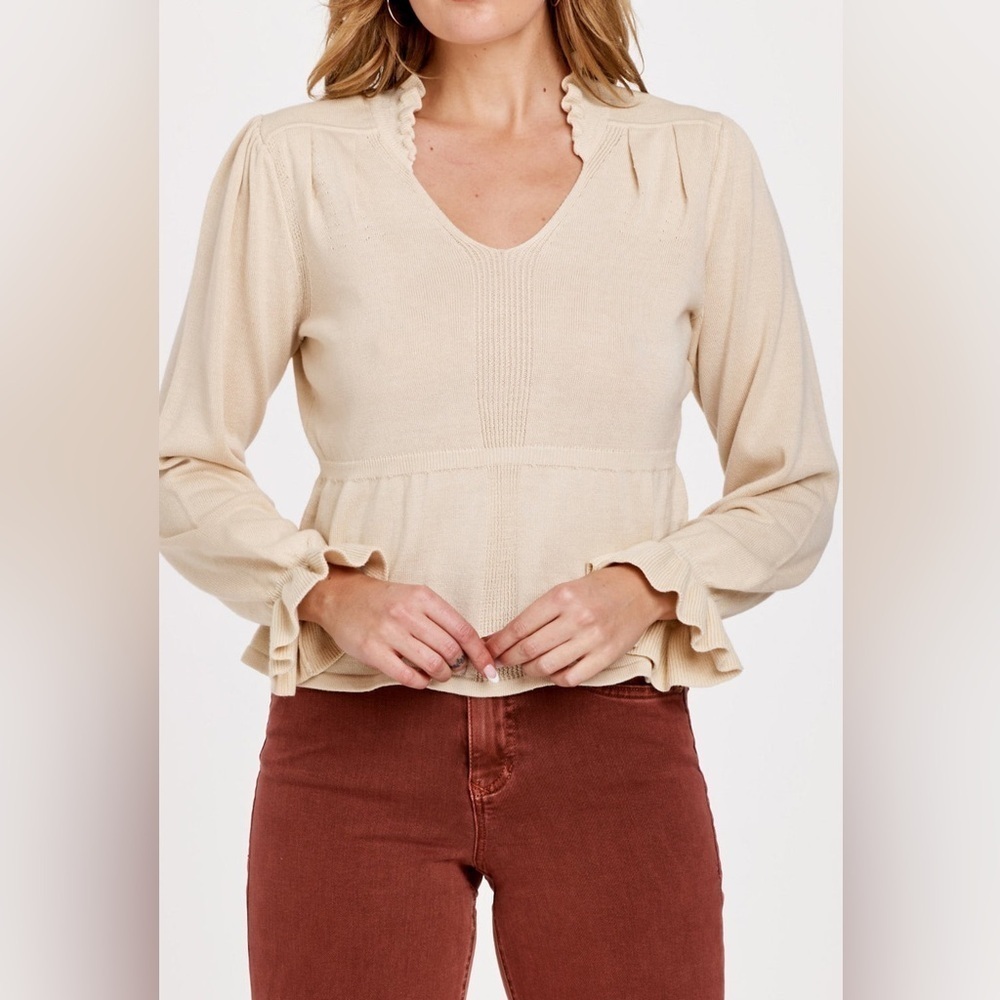 Another Love RACHELLE TOP CREAM Ruffle neck and wrist Blouse size Large